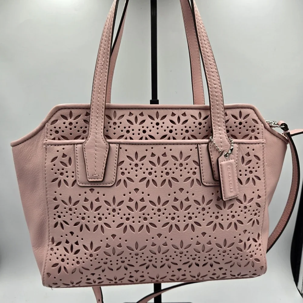 Pink Coach Taylor Eyelet Bette Leather Mini Tote Purse Laser Cut Floral Satin